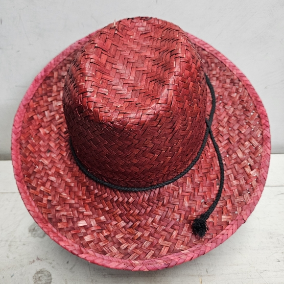 Red straw hat with black rope accent western style mens Lg/XL size - Picture 3 of 7